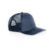A navy trucker cap with a solid front and mesh back, featuring a logo on the front.