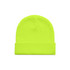 A bright neon yellow beanie featuring a fold-over cuff and a simple design, with a logo on the side.