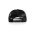 A black mesh trucker cap featuring a snapback closure at the rear.