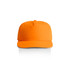 An orange cap with a curved brim, featuring a logo on the front.