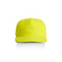 A bright yellow cap with a structured brim and a logo on the front.