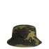 A camouflage bucket hat in various shades of green and brown, featuring a wide brim and a simple design.