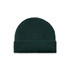 A dark green beanie with a ribbed texture and a folded cuff, featuring a logo.