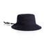 A wide-brim bucket hat in black, featuring a drawstring for adjustable fit and a simple design.