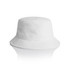 A white Terry bucket hat with a wide brim and a textured finish, featuring a logo.