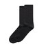 A pair of black business socks, featuring a plain design and a logo on the upper section.