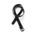 A braided leather belt in black with a square metal buckle, featuring an intricate woven design.
