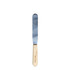 A stainless steel palette knife with a wooden handle. The handle has a logo.