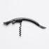 A black corkscrew bottle opener with a curved handle and a spiral corkscrew. It features a built-in knife and a logo.