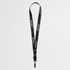 A black lanyard featuring a logo, designed for use at exhibitions and events.