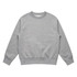 A grey crew neck jumper with long sleeves and ribbed cuffs, featuring a logo.