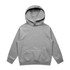 A grey youth hoodie with a kangaroo pocket and a hood, featuring a branding logo.