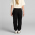 Black youth track pants with a relaxed fit, featuring an elastic waistband and a back pocket.