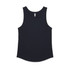 A dark navy singlet with a rounded hem and wide armholes, featuring a logo on the label.