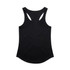 A black racerback singlet with a curved hem and a logo on the back.