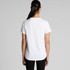 A white, short-sleeved t-shirt featuring a simple design and a logo on the back.