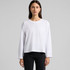 A white long-sleeve t-shirt with a relaxed fit, featuring a simple design and a logo.