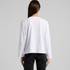 A white long-sleeve t-shirt with a simple design and a logo on the back, styled with black pants.