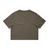 A cropped t-shirt in a faded olive green colour, featuring a plain back and short sleeves. It has a logo.