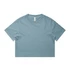 A cropped t-shirt in a faded blue colour with a round neckline and short sleeves. It features a brand logo on the label.