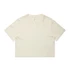 A cream-coloured cropped t-shirt with short sleeves and a round neckline. It has a logo on one side.