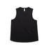 A black singlet tank top with a round neckline and a slight curved hem, featuring a logo.