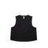 A black crop tank top with a round neckline and a loose fit. It features a subtle logo on the label.