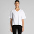 A white V-neck t-shirt with short sleeves, featuring a relaxed fit and a brand logo.