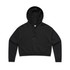 A black cropped hoodie featuring a drawstring hood and long sleeves, with a logo on the front.