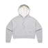A grey cropped hoodie with a light-coloured lining and a front pocket. It has a drawstring hood and long sleeves.