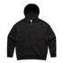 A black zip-up hoodie featuring a front pocket and a hood, with a logo on the garment.