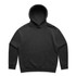 A black hoodie with a front pocket and a large hood. It features a logo on the hoodie.