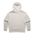 A faded cream hoodie with a drawstring hood and long sleeves, featuring a branding logo.