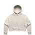 A cream-coloured cropped hoodie with a hood and long sleeves. It features a minimalistic design and a logo.