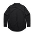 A black button-up shirt with long sleeves and a back pleat. The shirt features a collar and cuffs, with a logo.