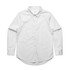 A white button-up shirt with long sleeves and a collar, featuring a branding logo.