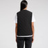 A black quilted vest with a minimalist design, featuring a back view and a logo near the neckline.