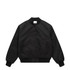 A black varsity bomber jacket featuring a button-down front and two side pockets. It has a logo on the label.