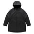 A black rain jacket with a hood, featuring a zip closure and side pockets, and includes a logo.