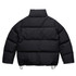 A black puffer jacket featuring a high collar and a drawstring hem, with a logo on the back.