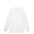 A white long-sleeve tee with a round neckline and a small logo.