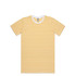 A yellow and white striped T-shirt with a round neckline and short sleeves. It features a logo.