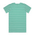 A green and white striped T-shirt featuring short sleeves and a crew neck. It includes a logo on the garment.