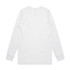 A long-sleeve white T-shirt with a simple design and a logo on the back.