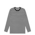 A long-sleeve tee featuring black and white horizontal stripes, with a contrasting black neckline and an attached logo.