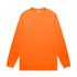 An orange long-sleeve tee shirt with a round neckline and a simple design. It features a logo on the front.