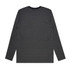 A long-sleeve T-shirt featuring black and grey stripes, with a round neckline and a logo on the back.