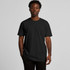 A black t-shirt is worn by a model with short, curly hair, standing against a plain background.