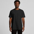 A black recycled T-shirt with short sleeves displayed on a model against a plain background. The shirt has a logo.