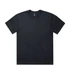 A plain black T-shirt with a crew neckline and short sleeves, featuring a logo on the label.